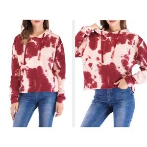 Fifth Sun Maroon and White Crop Tie Dye Fleece Pullover Hoodie (Large) NWOT